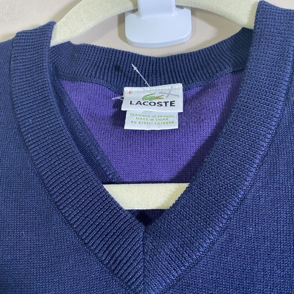 Lacoste Cotton Knit Sweater Vest Navy V-Neck Sleeveless Men’s Size 6 XL - Picture 4 of 10